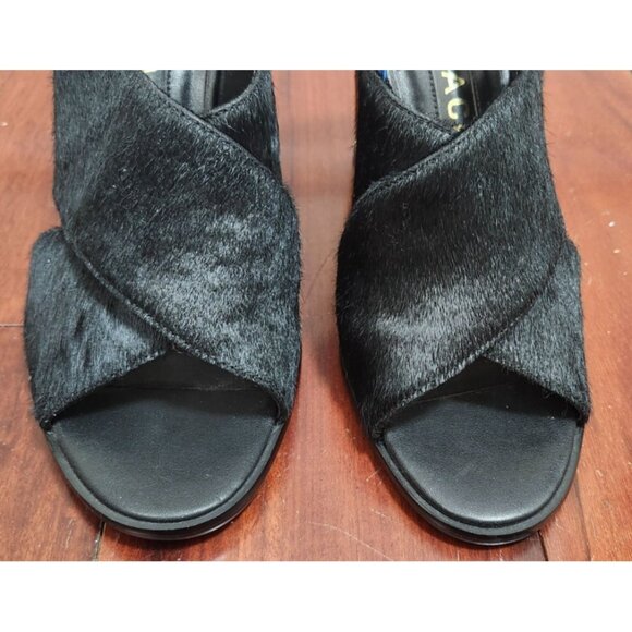 Kat Maconie Black Pony Hair Slingback Heels Gold Block Heel Blue Strap Sz 38 / 7 - Picture 5 of 15